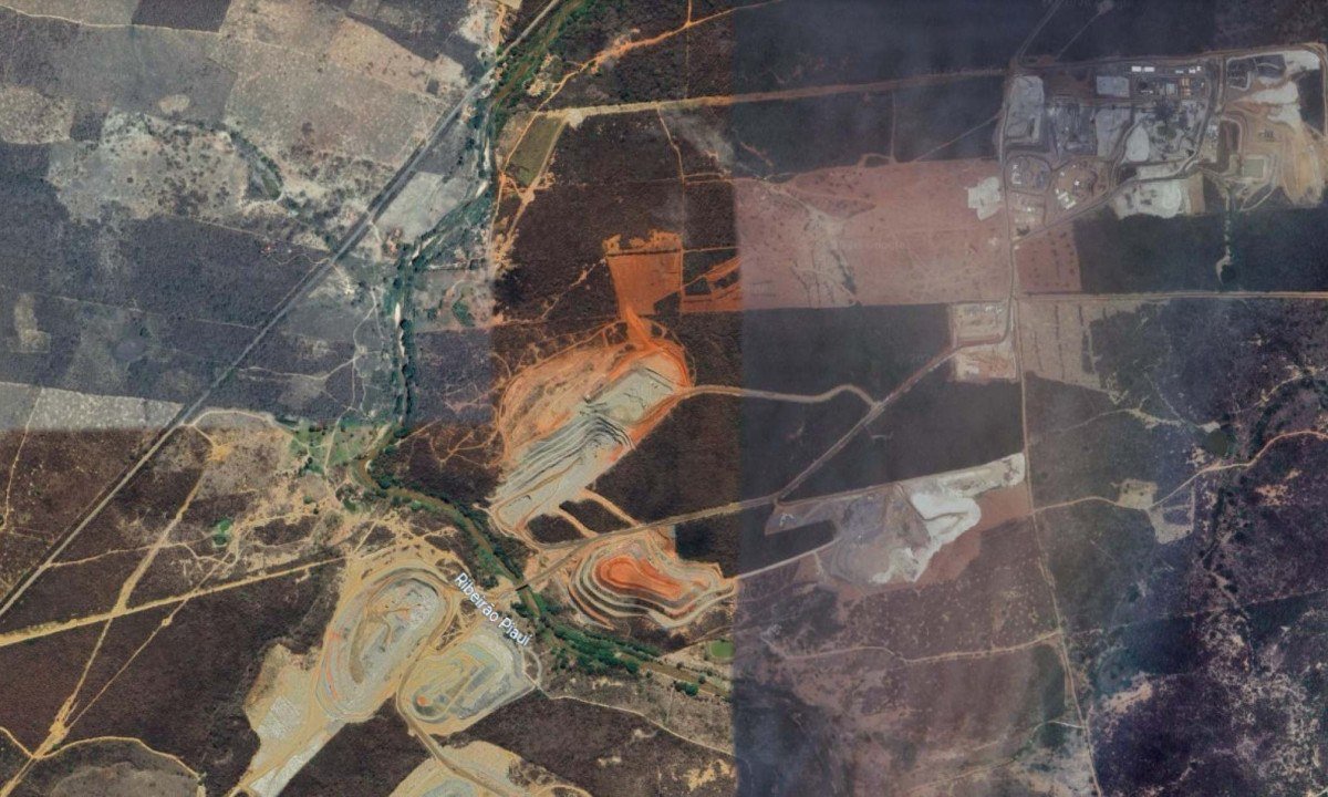&Aacute;rea onde est&atilde;o instaladas a lavra a c&eacute;u aberto e as pilhas da Minera&ccedil;&atilde;o Sigma