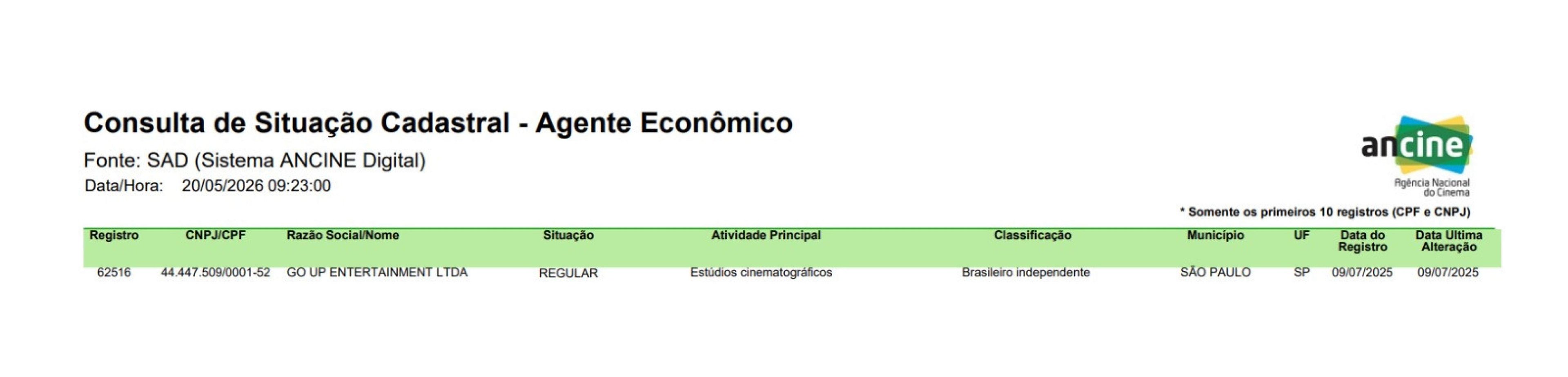 Registro da produtora Go Up na Ancine foi feito em julho de 2025, meses ap&oacute;s contrato firmado com Vorcaro