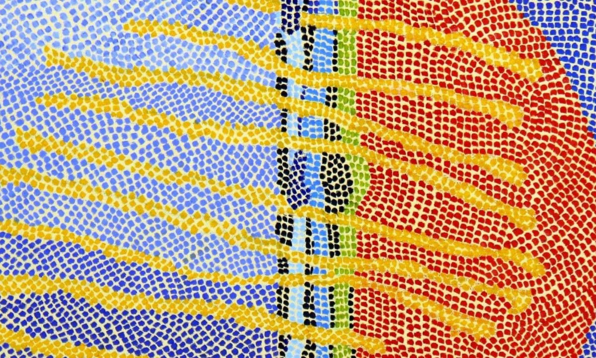 Quadro da artista Nina de Souza-Lima nos tons laranja, amarelo e azul