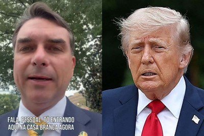 Flávio Bolsonaro e Donald Trump -  (crédito: Reprodução/X e Kevin Dietsch / GETTY IMAGES)