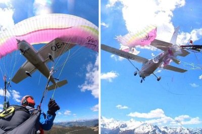 Mulher saltava de parapente e colidiu com um avião de pequeno porte -  (crédito: Redes sociais)