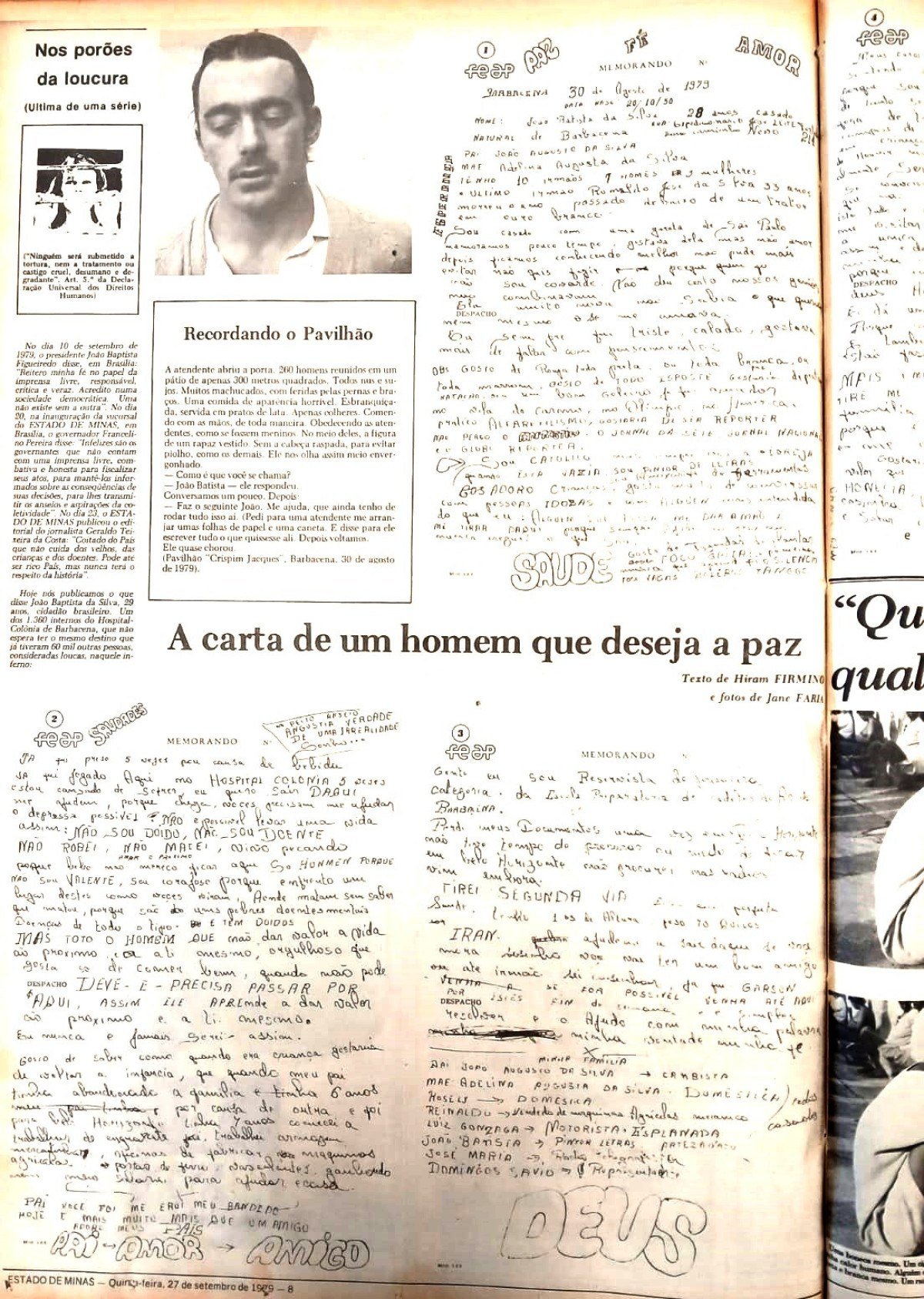 Jo&atilde;o Batista da Silva tinha 28 anos quando escreveu a carta, dentro do hosp&iacute;cio