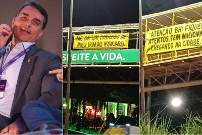 Faixas espalhadas por BH protestam contra Flávio Bolsonaro -  (crédito: Marcos Vieira / EM / DA Press / Redes sociais )