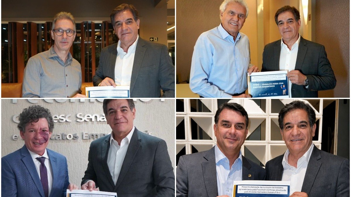 O presidente da Fecom&eacute;rcio-MG, Nadim Donato Filho, apresenta a proposta do THDG para modernizar as rela&ccedil;&otilde;es de trabalho para Romeu Zema, Ronaldo Caiado, Reginaldo Lopes e Fl&aacute;vio Bolsonaro -  (crédito: Fecom&eacute;rcio/Divulga&ccedil;&atilde;o)