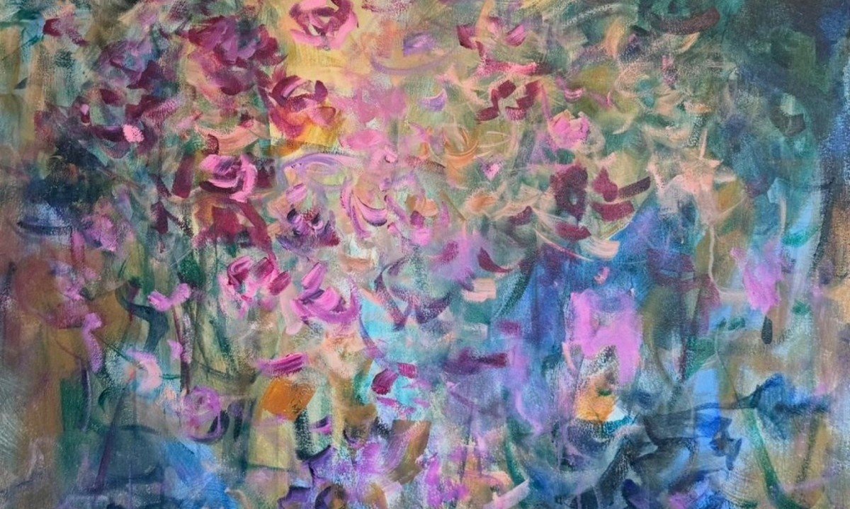 Detalhe de pintura de Marcela Corradi em tons de azul, rosa e amarelo
