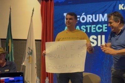 Flávio Bolsonaro exibindo cartaz 'O Pix é do Brasil e do Bolsonaro' -  (crédito: Giovanna de Souza/EM/D.A. Press)