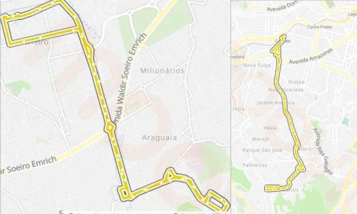 Rota das linha 205 (&agrave; esquerda) e 325 (&agrave; direita)