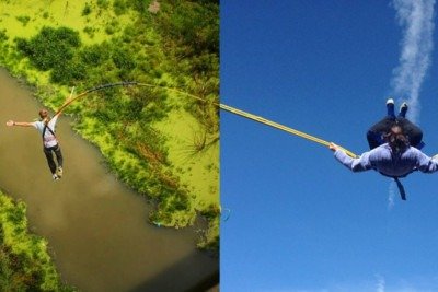 Embora sejam parecidos à primeira vista, rope jump e bungee jump funcionam de formas diferentes -  (crédito: Reprodução/Flickr)