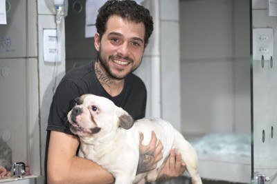 Alexandre Silva Andrade faz primeira visita a Bruce depois de o cachorro ter sido baleado no abdômen -  (crédito: Leandro Couri/EM/D.A Press)