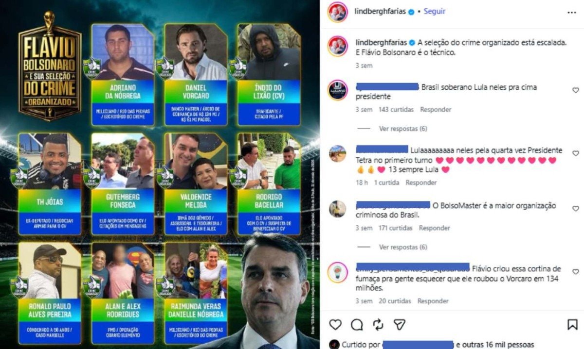 Postagem de Lindbergh traz uma montagem com a frase: "A seleção do crime organizado está escalada. E Flávio Bolsonaro é o técnico"
