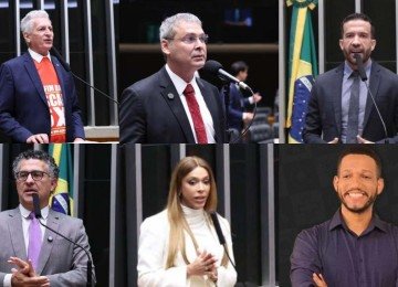 Os deputados federais Rogério Correia (PT-MG), Lindbergh Farias (PT-RJ), André Janones (Avante-MG), Alencar Santana (PT-SP), Erika Hilton (PSOL-SP), e o vereador do Rio de Janeiro Rick Azevedo (PSOL) foram condenados -  (crédito: Kayo Magalhães, Bruno Spada, Vinicius Loures / Câmara dos Deputados e Reprodução/Redes sociais)