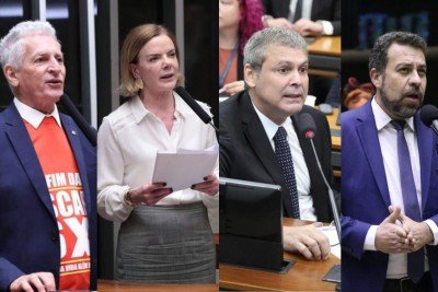 Os deputados Rogério Correia (PT-MG), Gleisi Hoffmann (PT-PR), Lindbergh Farias (PT-RJ) e o ministro-chefe da Secretaria-Geral da Presidência do Brasil, Guilherme Boulos, excluíram posts contra Flávio Bolsonaro após decisão do TSE -  (crédito: Kayo Magalhães, Bruno Spada, Vinicius Loures / Câmara dos Deputados)