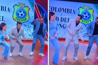 Dunga dança Shakira ao lado do ex-atacante hondurenho Carlos Pavón e da apresentadora Lindsay Casinelli em transmissão de Copa do Mundo -  (crédito: Reprodução)