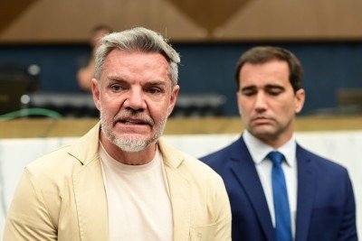 Presidente da Câmara de BH, Juliano Lopes (Podemos), durante coletiva de imprensa à época do recebimento de denúncia contra o vereador Lucas Ganem -  (crédito: Leandro Couri/EM/D.A.Press)