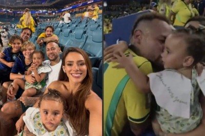 Família na Copa: veja momento fofo de Neymar com Bruna Biancardi e os filhos após a partida -  (crédito: Tupi)