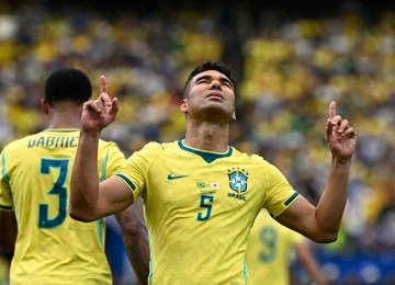Casemiro comemora o gol contra o Japão, em Houston, no último dia 29
 -  (crédito: Paul Ellis/AFP)