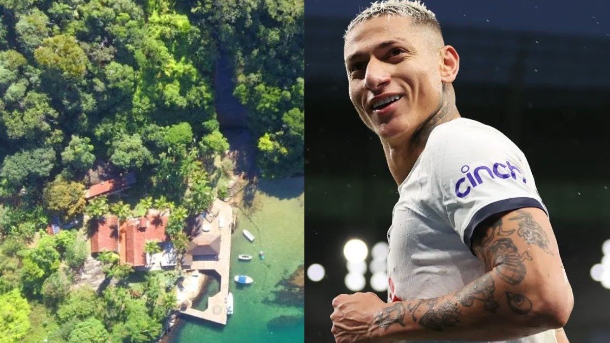 Richarlison e a mans&atilde;o milion&aacute;ria em Angra dos Reis que foi alvo de ruidosa disputa judicial. -  (crédito: Reprodu&ccedil;&atilde;o /Julian Finney/Getty Images)