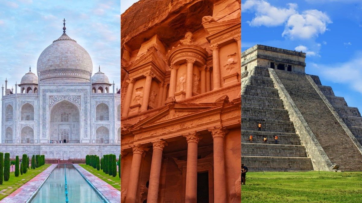 Taj Mahal, Petra e Chich&eacute;n Itz&aacute;, tr&ecirc;s das Sete Maravilhas do Mundo Moderno destacadas na lista de monumentos grandiosos. -  (crédito: &copy;FabianLeow de Getty Images Pro / Andrea Imre de Pexels / Steven Skelley de Pexels)