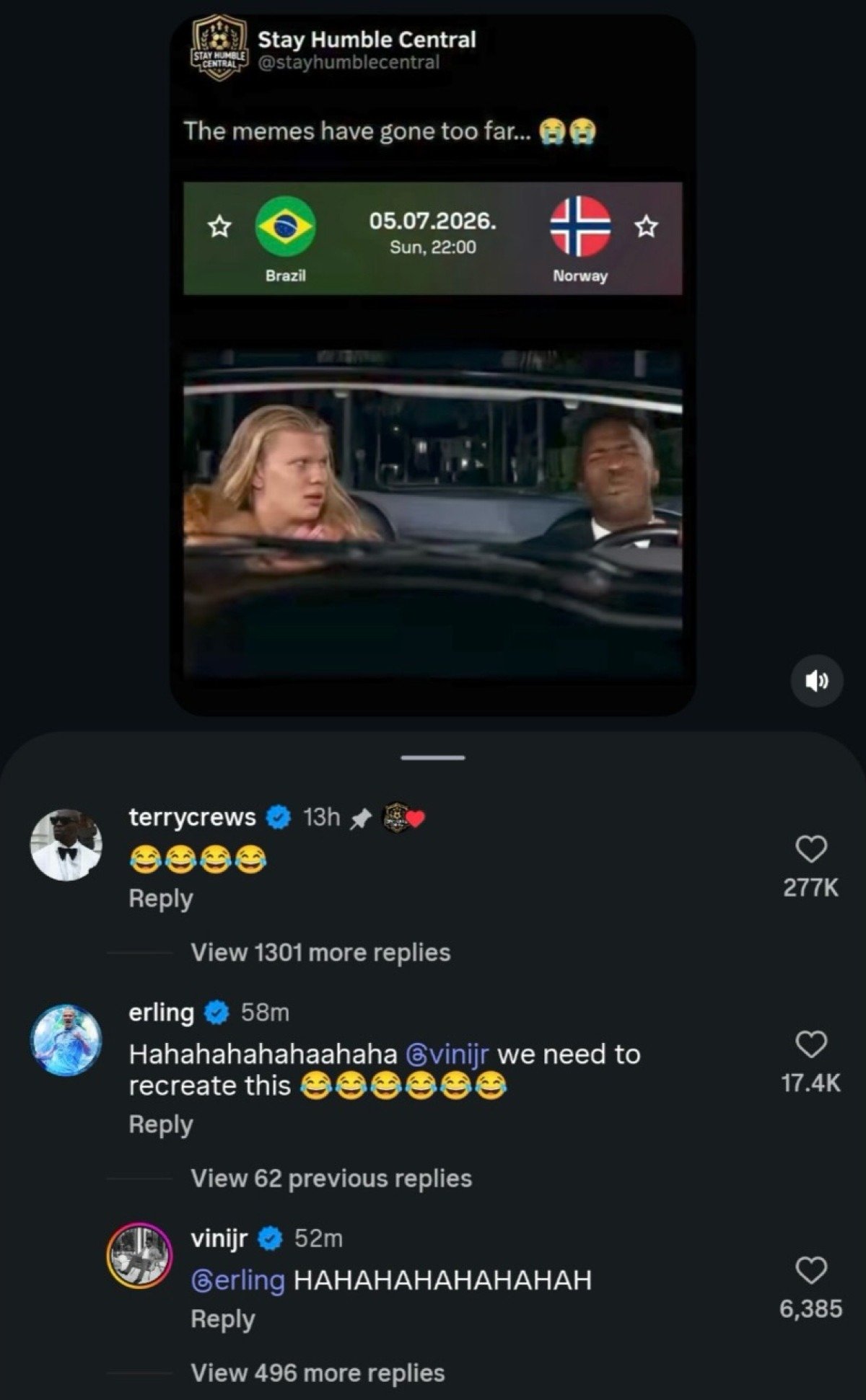 Haaland, Vini Jr. e Terry Crews divertiram f&atilde;s de todo o mundo com os coment&aacute;rios  