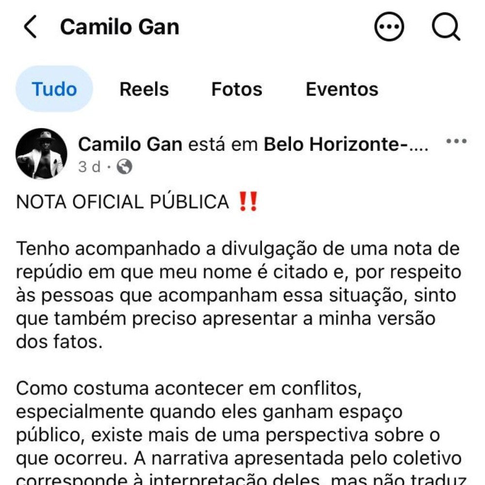 Nota de Camilo Gan sobre acusação de agressão-Redes Sociais/Reprodução