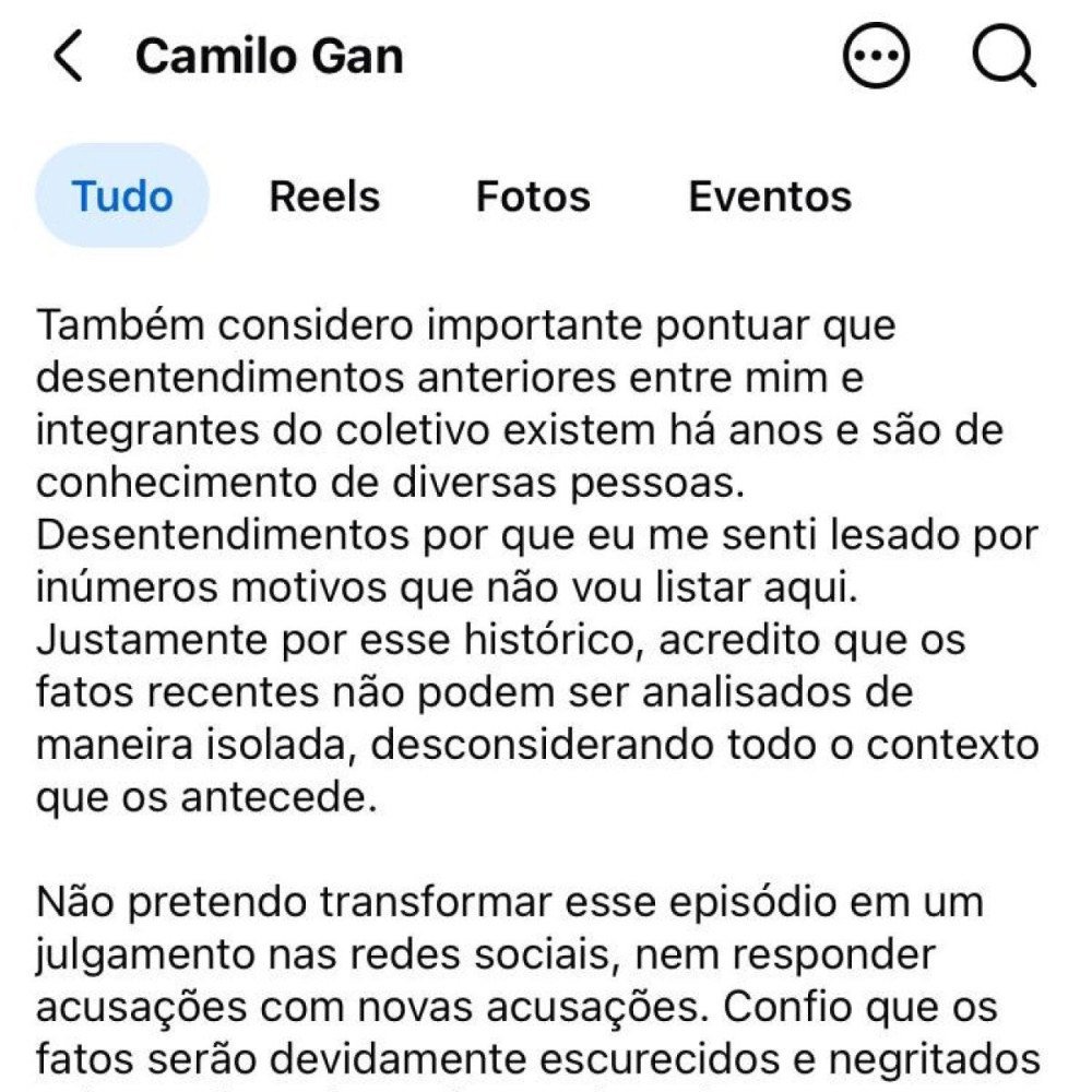 Nota de Camilo Gan sobre acusação de agressão-Redes Socias/Reprodução