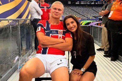 Erling Haaland e a namorada, Isabel Johansen, após a vitória da Noruega sobre o Brasil -  (crédito: Redes sociais)