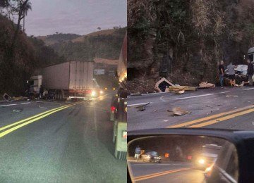 Acidente entre carreta e caminhonete na BR-381 deixa v&iacute;timas presas &agrave;s ferragens em Jo&atilde;o Monlevade -  (crédito: Redes sociais/Reprodu&ccedil;&atilde;o)