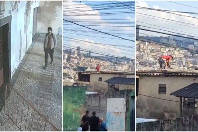 Câmera de segurança registrou imagens do homem entrando na igreja. Mais tarde, em vídeos gravados por populares, ele aparece acessando telhados de vizinhos para fugir da polícia -  (crédito: Reprodução)
