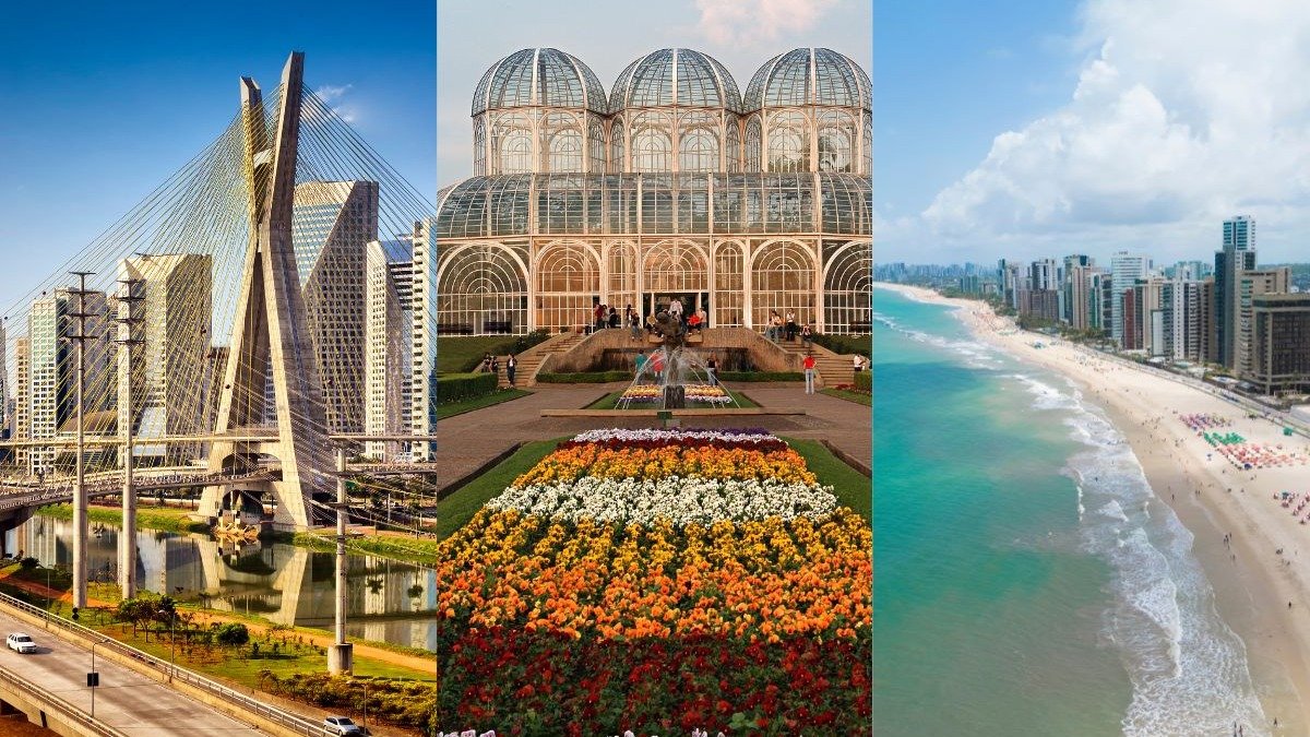 Cidades brasileiras como S&atilde;o Paulo, Curitiba e Recife investem em infraestrutura verde para combater enchentes e mitigar impactos clim&aacute;ticos. -  (crédito: wsfurlan de Getty Images Signature / Ziviani de Getty Images / Ranilson Arruda de Ranilson Arruda)
