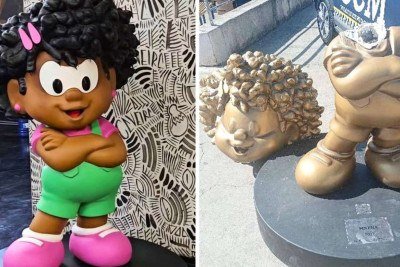 Estátuas da personagem Milena, a primeira protagonista negra da Turma da Mônica; peça de bronze foi vandalizada em Perus, distrito da zona noroeste de São Paulo  -  (crédito: Divulgação Instituto Mauricio de Sousa e GCM)