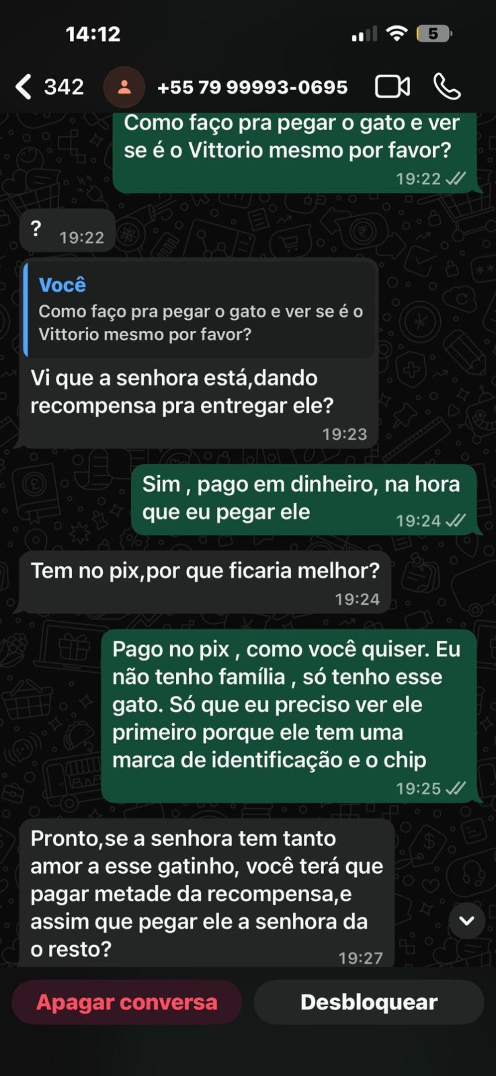 Ela conta que recebeu uma mensagem de um n&uacute;mero desconhecido, de outro estado, perguntando se era a pessoa que procurava o animal