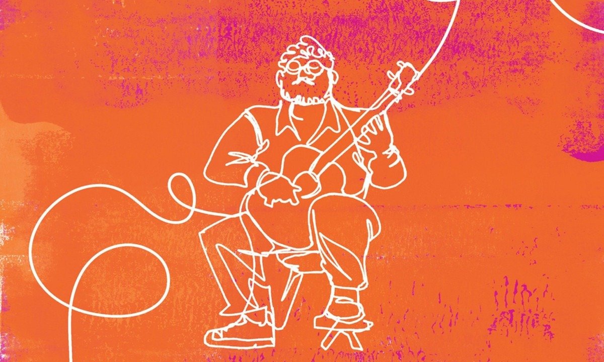 Violonista &eacute; desenhado com linha branca sobre fundo laranja na capa do disco Borogod&oacute;, de Octavio Deluchi