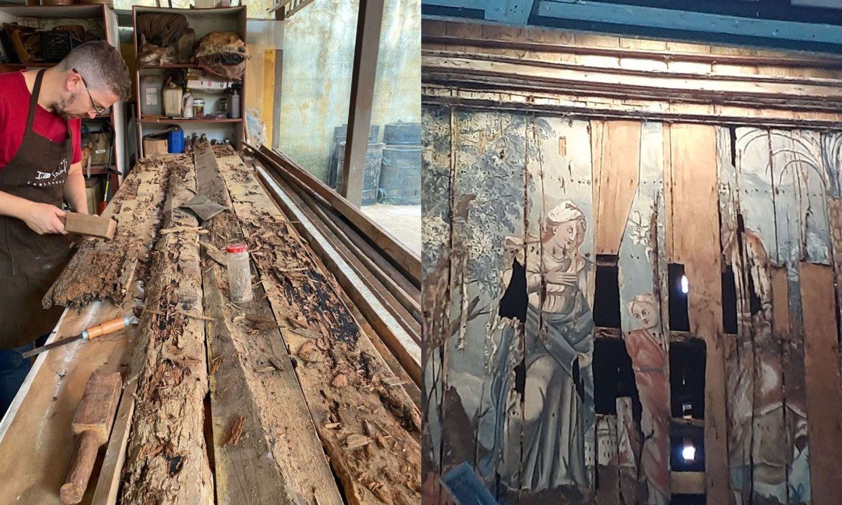 Processo de tratamento do suporte em madeira deteriorado/ Aspecto do painel representando a Sagrada Fam&iacute;lia antes da restaura&ccedil;&atilde;o