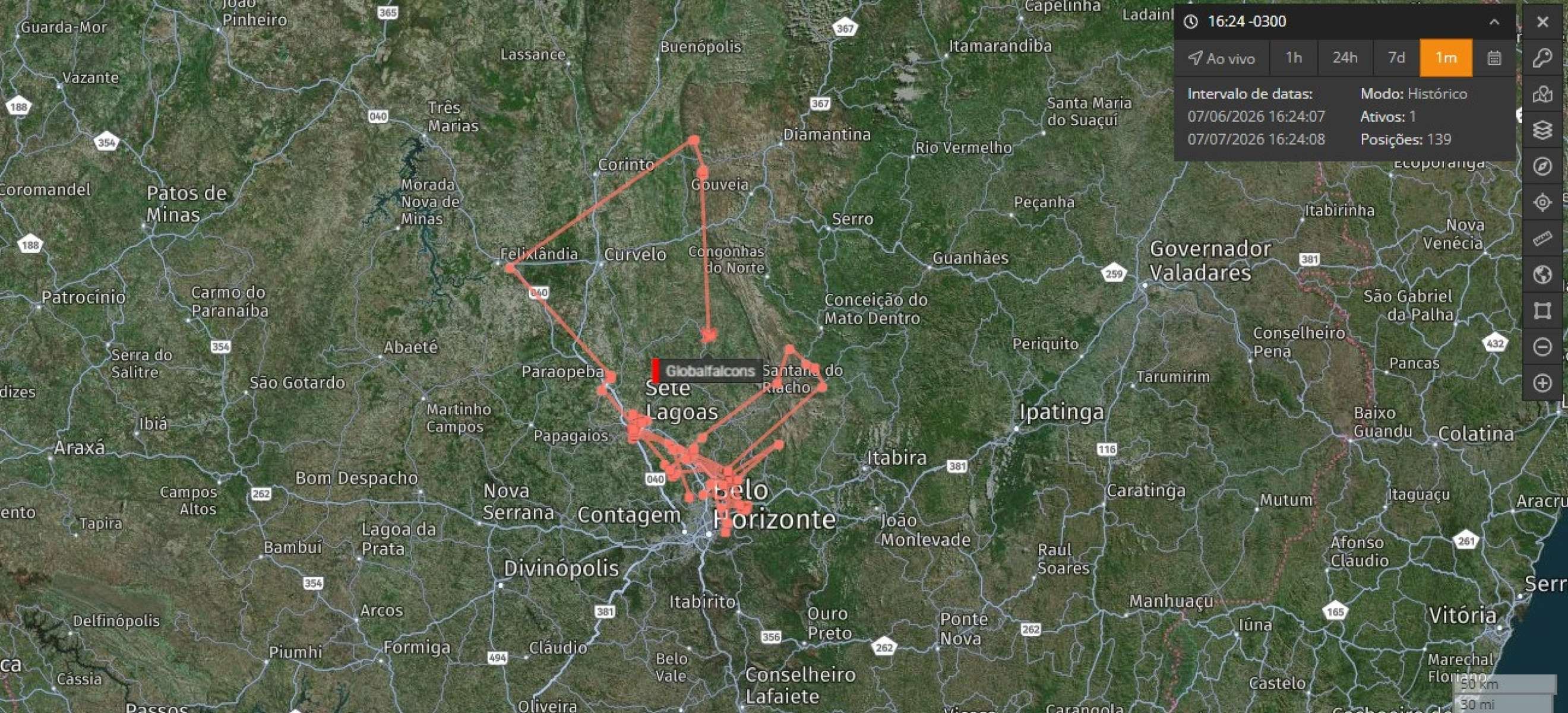 Mapa mostra a movimenta&ccedil;&atilde;o da &aacute;guia desde a instala&ccedil;&atilde;o do GPS