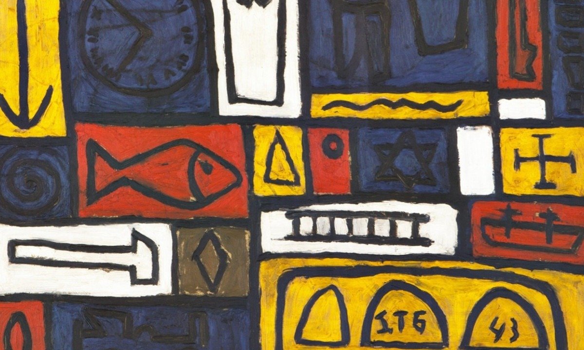 'Composi&ccedil;&atilde;o construtiva', obra de Joaqu&iacute;n Torres Garc&iacute;a, re&uacute;ne v&aacute;rios signos, como setas e peixes, em v&aacute;rios quadrados, destacando as cores azul-marinho, vermelho, amarelo e branco 