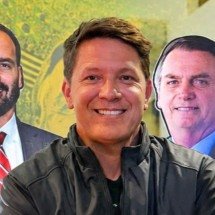 Mario Frias posa ao lado de Jair e Eduardo Bolsonaro de papelão - Reprodução/Redes sociais