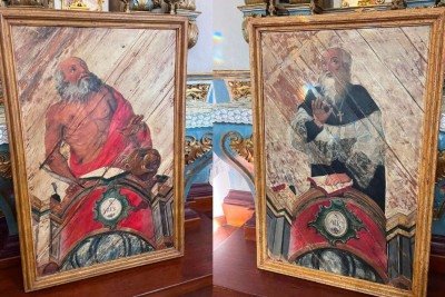 A esquerda São Jerônimo e a direita Santo Agostinho, ambas as telas que representam doutores importantes da igreja católica, retornaram a Paróquia de Santa Rita de Cássia, em Ritápolis -  (crédito: Redes Sociais )