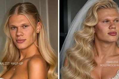 Haaland aparece com "Minimalist Half-Up" e "Timeless Hollywood Waves" em montagens que viralizaram sobre penteados de noiva -  (crédito: Redes sociais)
