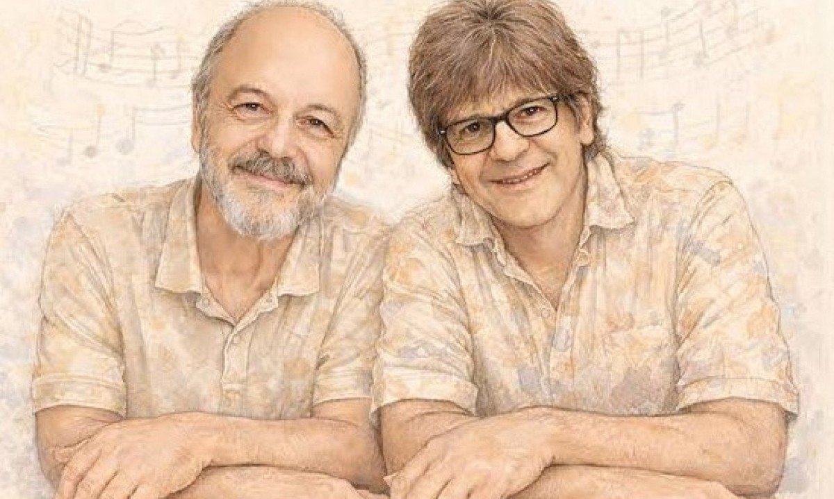 Marinho Boffa e Luiz E&ccedil;a est&atilde;o lado a lado, sorrindo, em ilustra&ccedil;&atilde;o na capa do disco 'Oferenda'