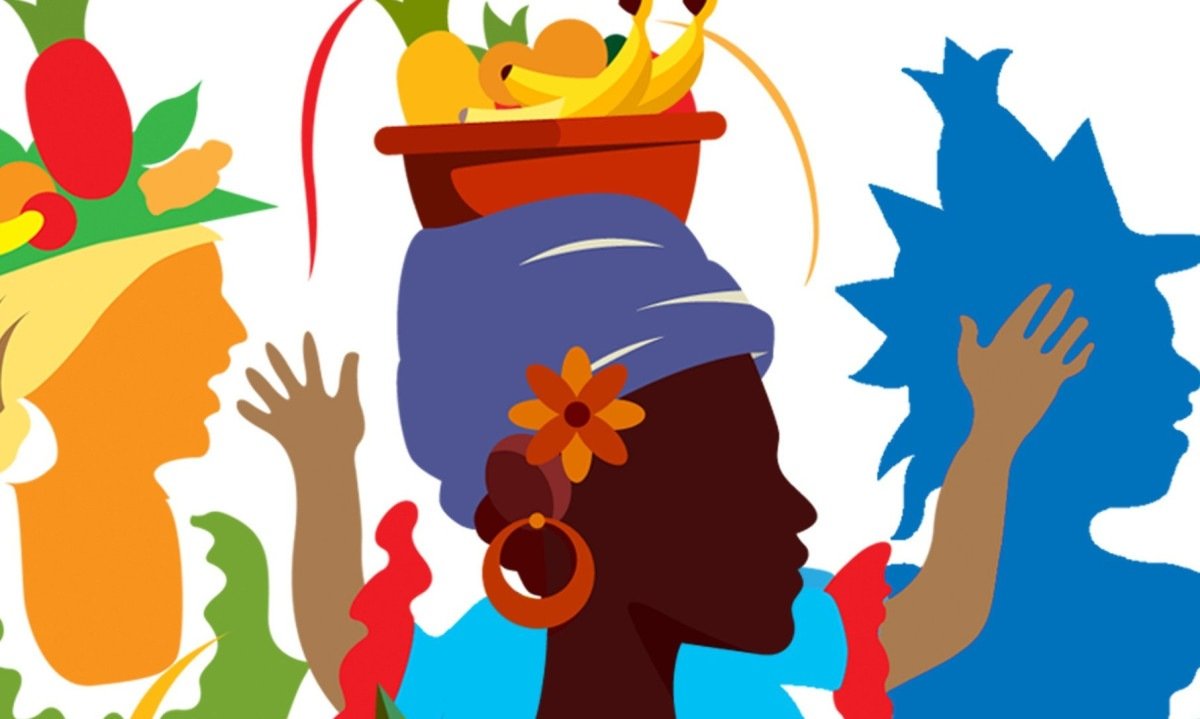 Figuras parecidas com baianas est&atilde;o de perfil, com balaios de frutas na cabe&ccedil;a, em ilustra&ccedil;&atilde;o do disco Balaios, de Antonio Adolfo