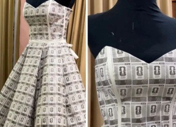 Vestido de noiva conceitual, criado por Aline Raguzzoni com pap&eacute;is de figurinhas da Copa, exibindo criatividade e consci&ecirc;ncia ambiental -  (crédito: Redes sociais)