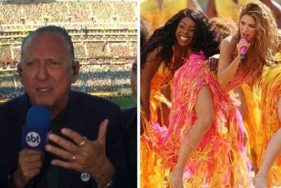 Galv&atilde;o Bueno e Shakira em momentos da transmiss&atilde;o e do show da final da Copa do Mundo -  (crédito: SBT / redes sociais)