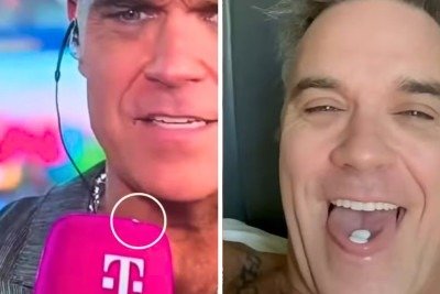 Robbie Williams em imagem da pol&ecirc;mica durante entrevista na Copa e a explica&ccedil;&atilde;o com a bala de hortel&atilde; -  (crédito: Redes sociais)