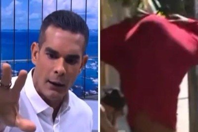 Apresentador Marcus Pimenta reage &agrave; intimida&ccedil;&atilde;o da equipe da Record por homem alterado durante cobertura em Salvador -  (crédito: Record/ reprodu&ccedil;&atilde;o)
