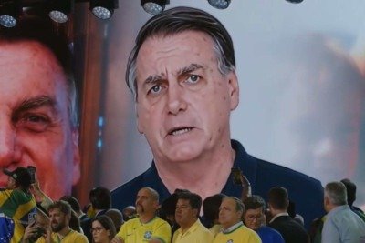Avatar criado por inteligência artificial simulou Jair Bolsonaro durante evento do PL e transmitiu mensagem de apoio ao filho Flávio na disputa presidencial -  (crédito: PL/Youtube)