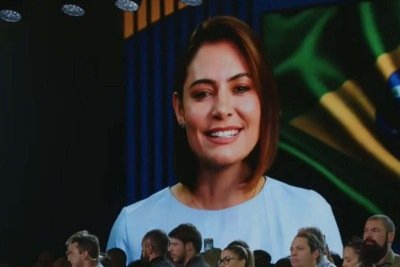Michelle Bolsonaro participou da convenção do PL por vídeo após reconciliação pública com Flávio Bolsonaro. -  (crédito: Partido Liberal/Youtube)