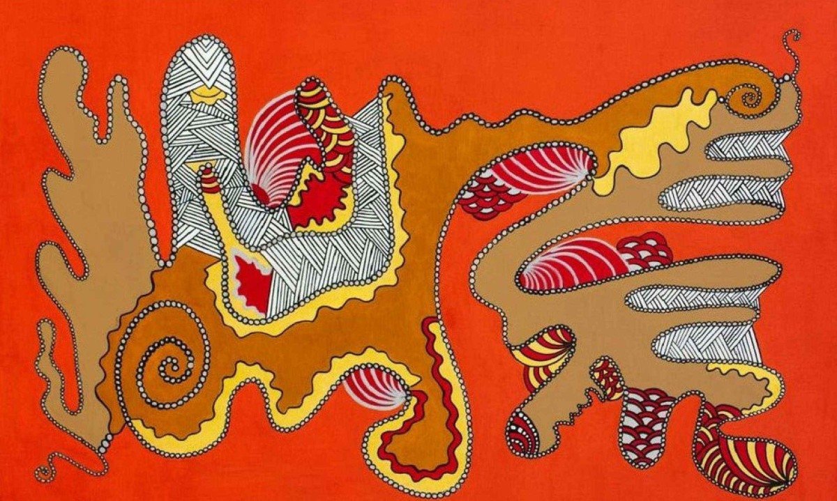 Pintura da artista Pachamanca chamada Desafio tem figuras abstratas sobre fundo vermelho-vivo