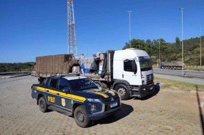 Caminhão apreendido transportava milhares de litros de cachaça em galões reutilizados de agrotóxicos. -  (crédito: Divulgação/PRF)