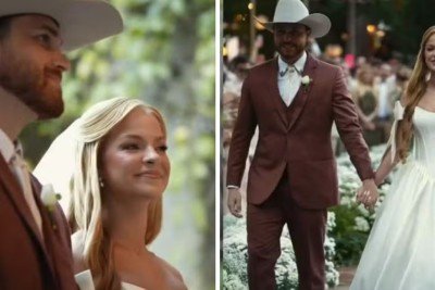 Gustavo Tubar&atilde;o e Jade Sales durante a cerim&ocirc;nia de casamento em Tiradentes, cujos votos pol&ecirc;micos geraram debate nas redes sociais -  (crédito: Redes sociais)