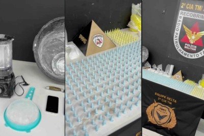 Material para preparo e desdobra da caoca&iacute;na em meio &agrave; droga fracionada em laborat&oacute;rio fechado pela pol&iacute;cia no Bairro Madre Gertrudes, em BH -  (crédito: PMMG)